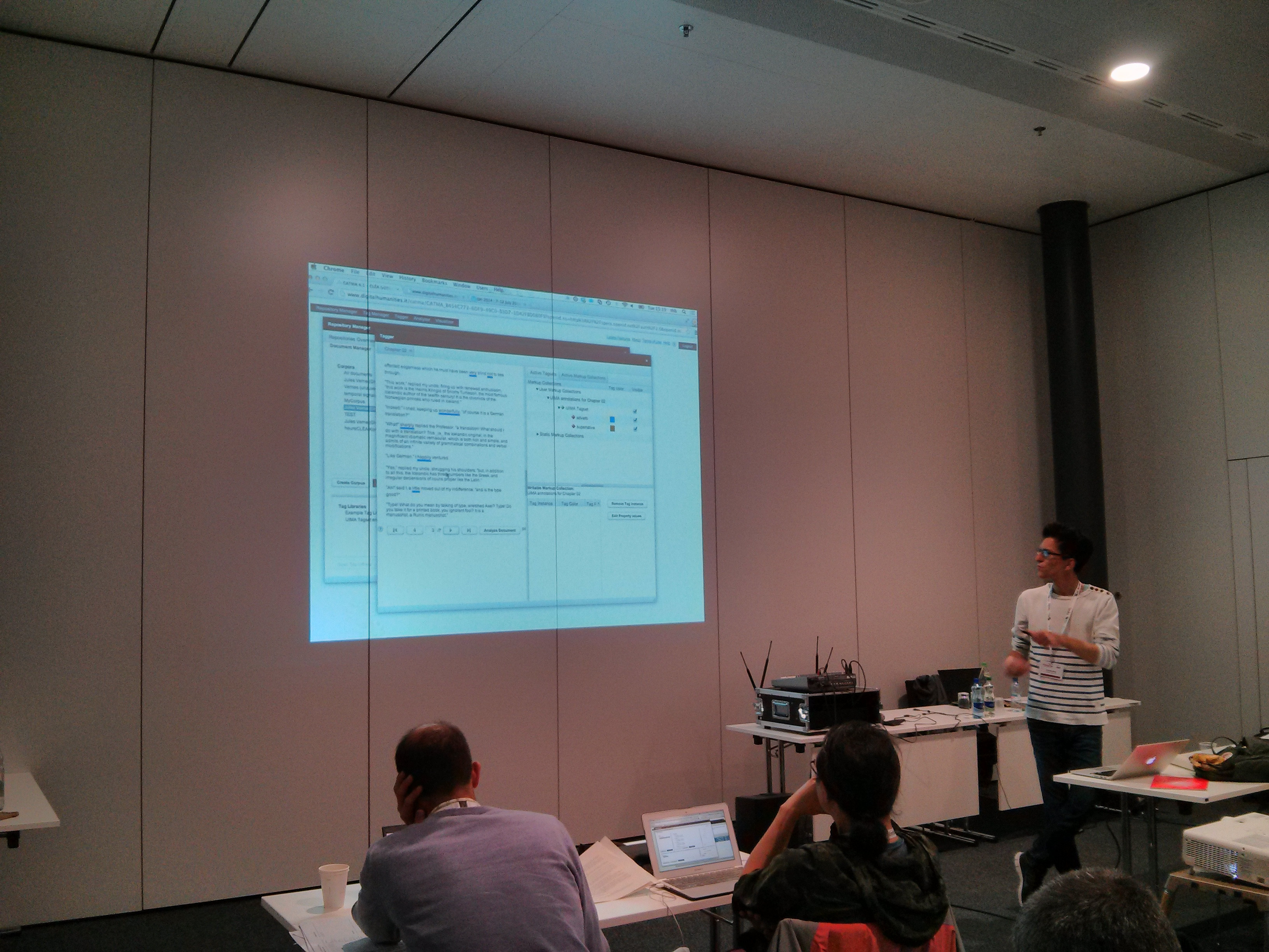 Thomas presenting automatically created annotations in CATMA at our #DH2014 tutorial in Lausanne.